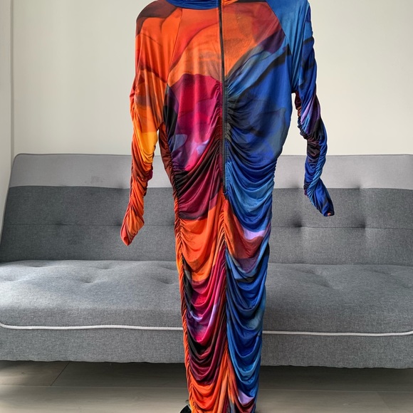 Mindful Color Ruched Midi Dress - Fuchsia/Combo - Picture 4 of 6